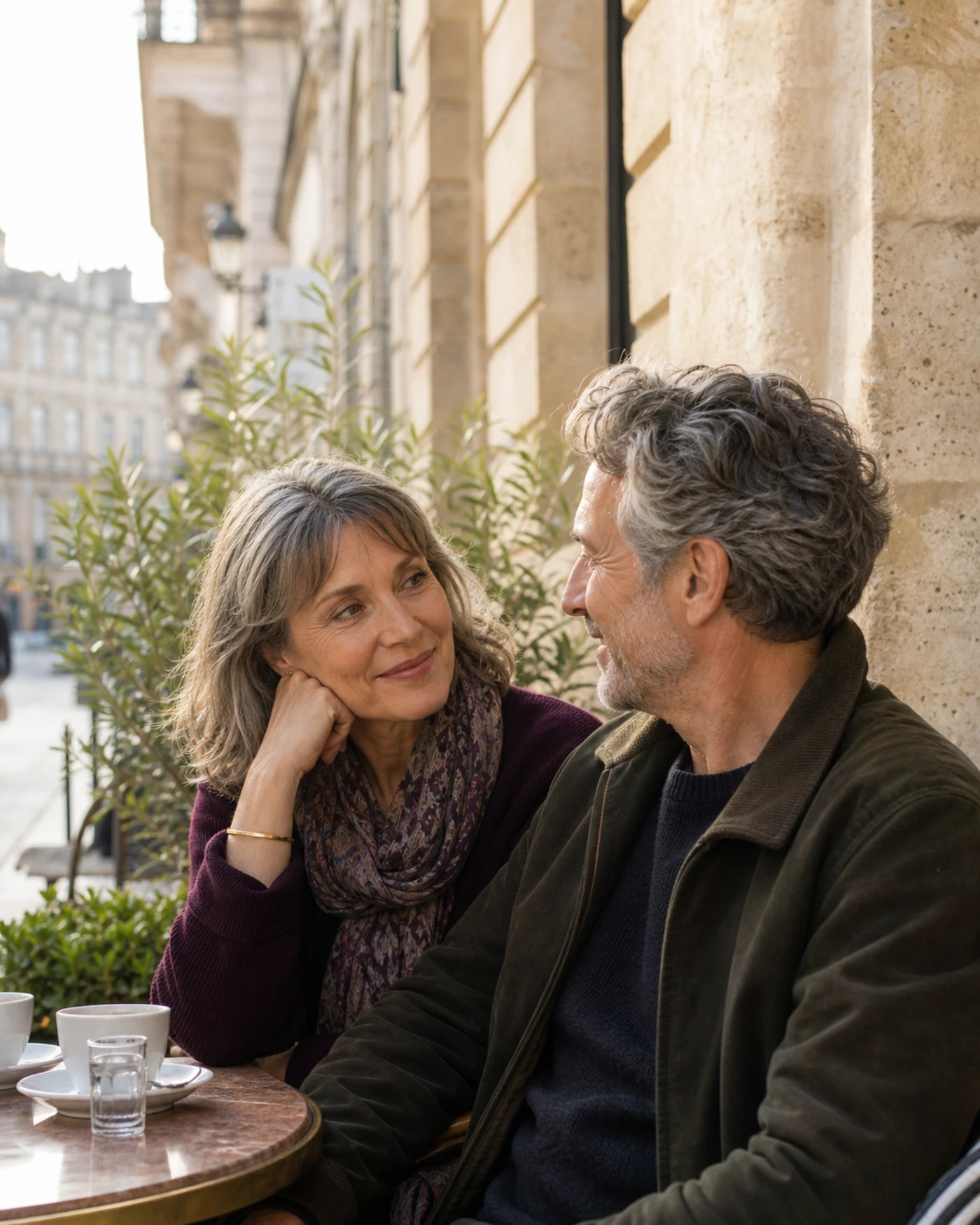 Un couple complice échange autour d’un café sur une terrasse bordelaise
